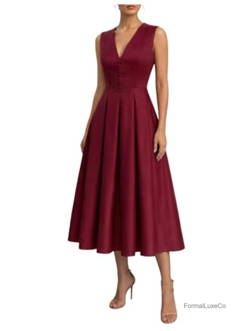 Satin Sleeveless V Neck Midi Dress Button Front Placket